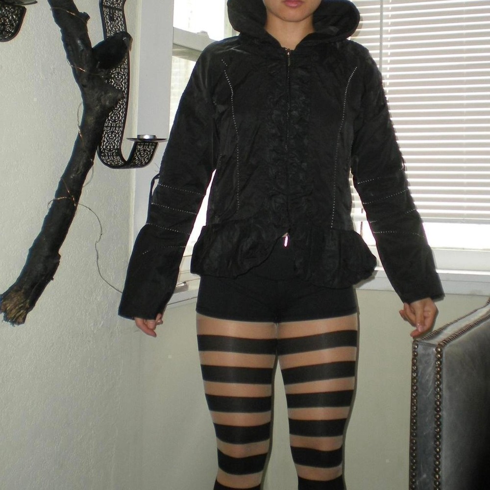 Pile Ou Face Black Asymmetrical Avant-Garde Windbreaker Nylon Ruffle Jacket XS S